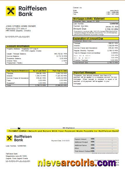 Croatia Raiffeisen Bank mortgage statement